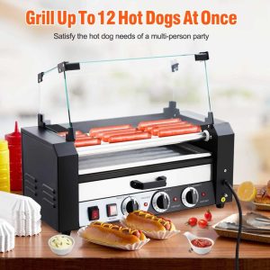 Electric 12 Hot Dog 5 Roller Grill Machine with Warming Drawer – 5 Rollers  |  Toaster Ovens Kitchen Appliances Black