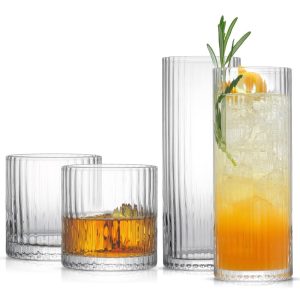 Elle Drinkware Set Ribbed Glasses Set of 4 Water Glasses and Tumblers  |  Drinking Glasses Dinnerware Clear