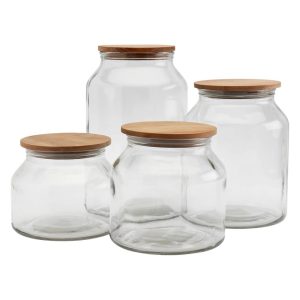 European Belly Glass Canisters w/ Acacia Lids – Set of 4  |  Kitchen Canisters Kitchen Canisters Clear