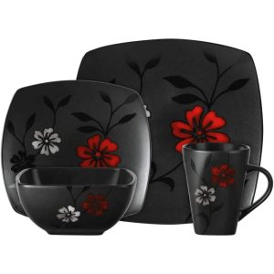 Evening Blossom 16 Piece Square Dinnerware Set  |  Serveware Dinnerware Black, Red