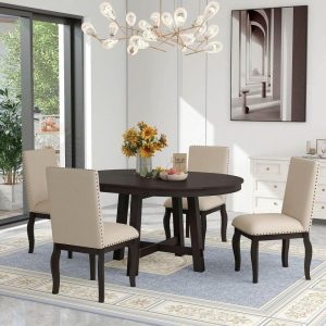 Expandable round dining table set for 4  |  Kitchen and Dining Sets Kitchen & Dining Sets Beige, Brown, Grey, Natural