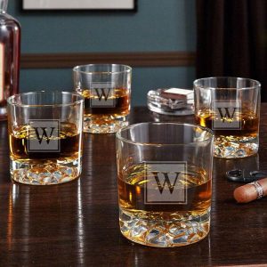 Fairbanks Block Monogram Whiskey Glasses, Set of 4  |  Drinking Glasses Dinnerware Clear