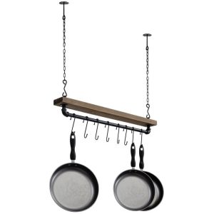 FarmHome Rustic Industrial 8 S-Hooks Ceiling Mounted Hanging Pot Rack  |  Pot Racks Kitchen Storage Black, Brown