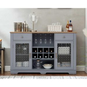 Farmhouse Bar Cabinet with 2 Drawers and Elegant Glass Door Cabinets, Wine and Glass Rack  |  Home Bars Home Bars Blue