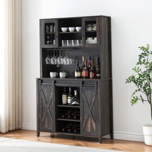 Farmhouse Bar Cabinet with Sliding Barn Door  |  Home Bars Home Bars Brown, Grey, Taupe, White