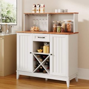 Farmhouse Barn Style Buffet with Storage, Buffet Storage for Living Room or Entryway Coffee Bar  |  Pantry Cabinets Kitchen Furniture Brown, Grey