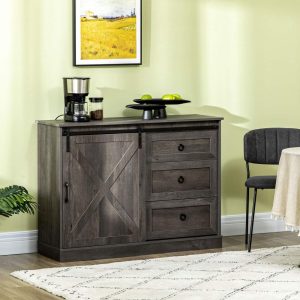 Farmhouse Coffee Bar Cabinet, Kitchen Sideboard, Buffet Cabinet with Sliding Barn Door and 3 Storage Drawers, Dark Grey  |  Pantry Cabinets Kitchen Furniture Grey, White