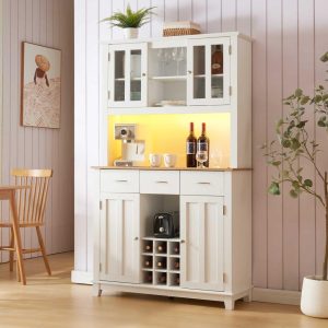 Farmhouse Coffee Bar Cabinet with LED Lights and Outlets with Wine Bottle Rack  |  Home Bars Home Bars Home Bars