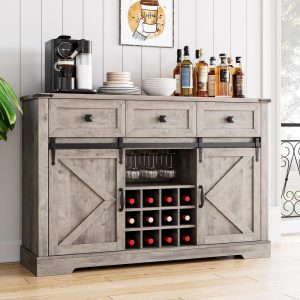 Farmhouse Coffee Bar with 3 Drawers  |  Wine Racks Kitchen Storage Grey, White