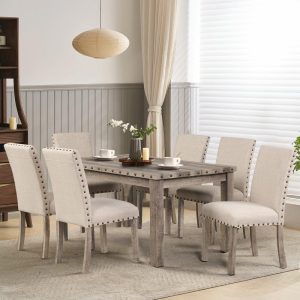 Farmhouse Dining Table Set Rectangular Chair 7-piece  |  Kitchen and Dining Sets Kitchen & Dining Sets Beige