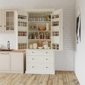 Farmhouse Kitchen Pantry, Freestanding Tall Cupboard Storage Cabinet  |  Pantry Cabinets Kitchen Furniture Beige, Grey, White