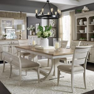 Farmhouse Reimagined Antique White Opt 6 Piece Trestle Table Set  |  Kitchen and Dining Sets Kitchen & Dining Sets Brown, Cream