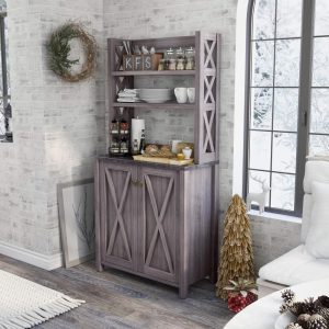 Figg Rustic Wood Multi-shelf Microwave Cabinet by   |  Pantry Cabinets Kitchen Furniture Grey, White