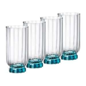 Florian Highball Glasses Set of 4  |  Drinking Glasses Dinnerware Blue, Clear