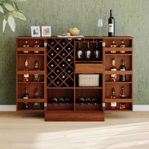 Fold Out Bar Cabinet with Walnut Finish and Rattan Doors and Storage Bar Table  |  Home Bars Home Bars Brown