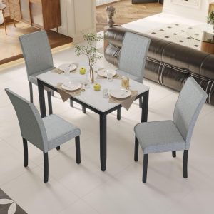 Fowey 5-piece Dining Set, Marble Sticker MDF Table and 4 Upholstered Chairs  |  Kitchen and Dining Sets Kitchen & Dining Sets Black, Grey, White