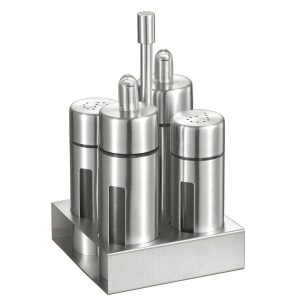 Foxdale Stainless Steel Salt, Pepper, Oil and Vinegar Bottles with Stand  |  Serveware Dinnerware Serveware