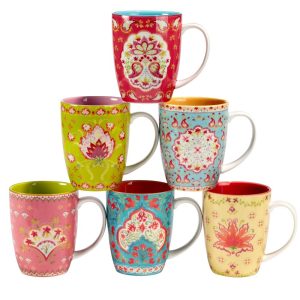 Francesca 14 oz. Mugs, Set of 6 Assorted Designs  |  Mugs Dinnerware Green, Multi, Red