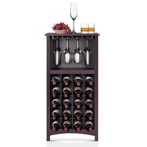 Freestanding Floor Bar Cabinet for Liquor, MDF BT06 – 18.9W x 12.6D x 37.4H Inch  |  Wine Racks Kitchen Storage Brown