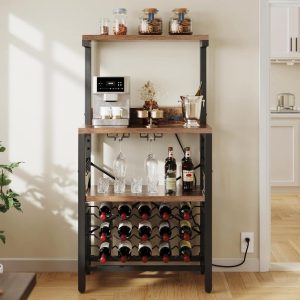 Freestanding Floor Wine Rack Table with Power Outlet Bottle Shelf and Glass Holder Home Bakers Rack  |  Wine Racks Kitchen Storage Brown