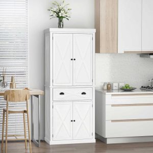 Freestanding Modern Farmhouse 4 Door Kitchen Pantry Cabinet, Storage Cabinet Organizer with 6-Tiers  |  Pantry Cabinets Kitchen Furniture Black, White