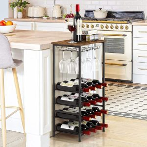 Freestanding Rustic Wine Holder Stand with Wine Storage and Bottle Shelf  |  Wine Racks Kitchen Storage Brown, Grey