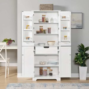 Freestanding White Kitchen Pantry Cabinet – 28.15″ W x 15″ D x 67.4″H  |  Pantry Organizer Kitchen Storage Pantry Organizer