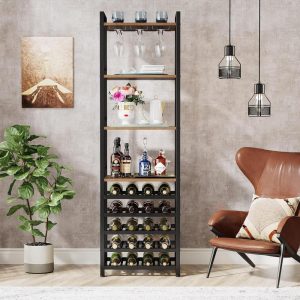 Freestanding Wine Rack with Glass Holder and Storage Shelves, 20 Bottle Wine Bakers Rack for Home Kitchen, Dining Room, Brown  |  Wine Racks Kitchen Storage Brown, White