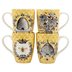 French Bees Set of 4 Mugs  |  Mugs Dinnerware Black, White, Yellow