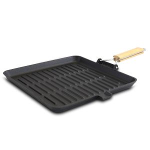 General Store Addlestone 14 Inch Pre-Seasoned Cast Iron Grill Pan with Foldable Wooden Handle  |  Grill Pans and Griddles Grill Pans & Griddles Black