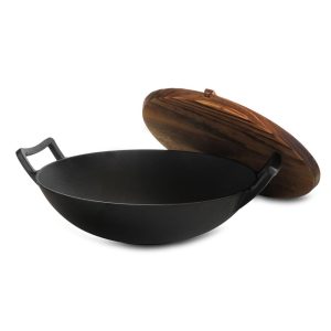 General Store Addlestone 2 Piece 14 Inch Heavy Duty Cast Iron Wok with Wood Lid  |  Pots and Pans Pots & Pans Black