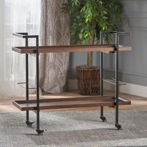 Gerard Modern Industrial 2-Tier Wood Bar Cart with Wheels by  – 38.00″ W x 16.10″ D x 33.00″ H  |  Home Bars Home Bars Brown