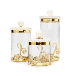 Glass Canister with Gold Design and Marble Lid  |  Kitchen Canisters Kitchen Canisters Gold