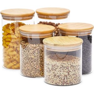 Glass Canisters with Airtight Bamboo Lids, 3 Sizes for Pantry Storage (5 Pack)  |  Kitchen Canisters Kitchen Canisters Clear