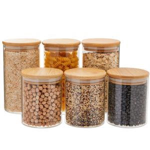 Glass Storage Containers with Bamboo Lids, 2 Sizes for Pantry Storage (6 Piece Set)  |  Kitchen Canisters Kitchen Canisters Clear