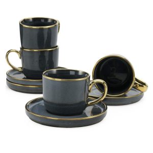 Gold Rimmed Teacup and Saucer Set of 4  |  Cups Cups Beige, Black, Grey, Navy