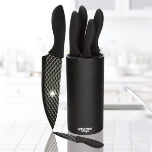 Gourmet Edge 7pc Diamond Nonstick Blade Cutlery Set with Matching Sheath  |  Knife Sets Black