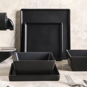 Grace Matte Stoneware Dish Set, Square Dishes  |  Dinnerware Sets Dinnerware Black, White