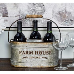 Gray Metal Galvanized Farm House 6 Bottle Wine Holder – 13 x 9 x 7  |  Wine Racks Kitchen Storage Grey