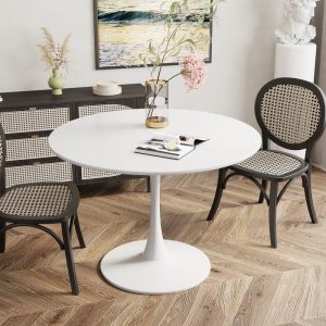 Grondin Mid-Century Modern Round Kitchen or Dining Table with Premium MDF Top and Steel Pedestal Base for Dining Room  |  Kitchen and Dining Tables Kitchen & Dining Tables Black, White