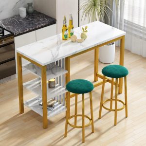 Grondin Modern Contemporary Faux Marble 3 Piece Bar Table Set with 2 Upholstered Stools and Extra Storage Shelves  |  Kitchen and Dining Sets Kitchen & Dining Sets Black, White