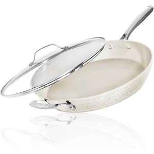 Hammered Cream 14” Ultra Ceramic Nonstick Fry Pan with Lid  |  Pots and Pans Pots & Pans Pots & Pans