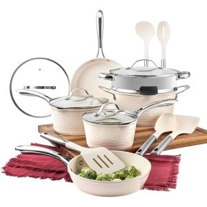 Hammered Cream 15 Piece Ultra Ceramic Nonstick Cookware Set with Utensils  |  Cookware Sets Cookware Sets Cookware Sets