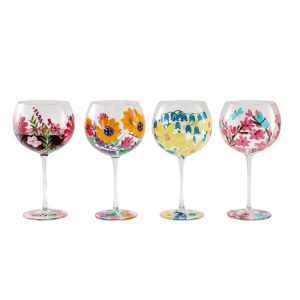 Hand Painted Flowers Wine Glasses set of 4 – Ø3.3″ x 8.2″ H  |  Wine Glasses Dinnerware Multi