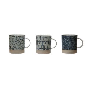 Hand-Stamped 16 oz. Stoneware Mug, Blue & Cream Color, 3 Styles  |  Mugs Dinnerware Blue