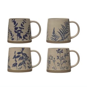 Hand Stamped Stoneware Mug with Wax Relief Botanical Design – 5.5″L x 4.0″W x 3.9″H  |  Mugs Dinnerware Blue