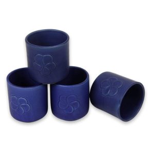 Handmade Blue Frangipani Ceramic Cups (Set Of 4) Indonesia – 3.3″ H x 3″ Diam.  |  Cups Cups Blue