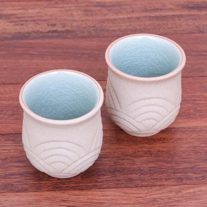 Handmade Gentle Waves Celadon Ceramic Cups (Pair)  |  Cups Cups Cups