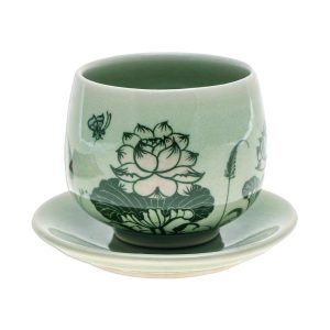 Handmade Luxuriant Lotus Celadon Ceramic Cup And Saucer  |  Cups Cups Cups