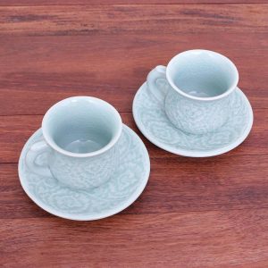 Handmade Tea Flowers Celadon Ceramic Cup And Saucer Set (Pair)  |  Cups Cups Cups